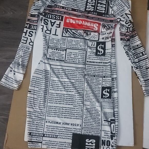 Long Sleeve Newsprint Dress XL Dopamine Boho Classic Retrogirl Glam Bodycon SATC - Picture 4 of 8